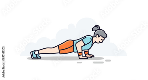 Illustration of a woman performing a push-up exercise emphasizing strength and fitness training in a simplified cartoon style