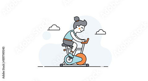 Cartoon Illustration of a Young Woman Cycling with Tech Device on Exercise Bike in Minimalist Style