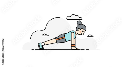 Simple cartoon of a woman performing push-ups outdoors with a light sky and few clouds in the background for fitness and