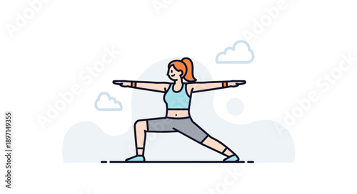 Illustration of a Woman Performing Warrior Pose Yoga Exercise Outdoors in Clear Weather