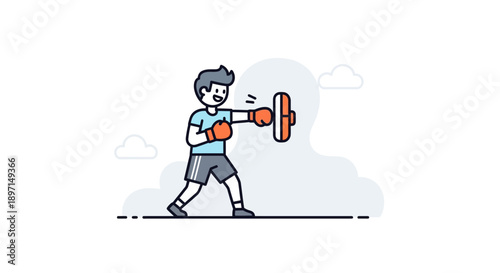 Young boy practicing boxing outdoors using a punching pad in a digital cartoon style with simple background scenery