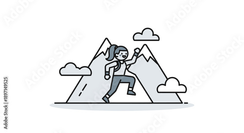 Animated Female Mountain Climber Reaching the Peak with Determination and Adventure Spirit in a Minimalist Illustration