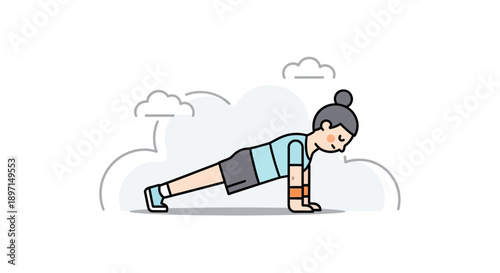 Illustration of a woman performing a plank exercise outdoors on a cloudy day emphasizing fitness and core strength development