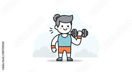 Cartoon Female Character Lifting Dumbbell in Fitness Outfit for Exercise and Workout Sessions with a Friendly Expression and