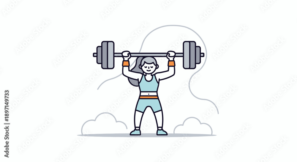 Fototapeta premium Illustration of a Strong Woman Lifting Heavy Barbell in a Fitness Scene for Motivation and Strength Building in a Minimalist Style