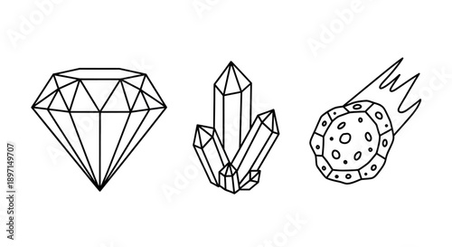 Line art illustration of a sparkling diamond, natural crystal cluster, and a falling meteor.