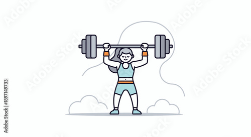 Illustration of a Strong Woman Lifting Heavy Barbell in a Fitness Scene for Motivation and Strength Building in a Minimalist Style