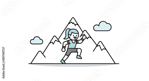 Adventurous mountain climber conquering snow-capped peaks with determination and resilience in a minimalist cartoon style
