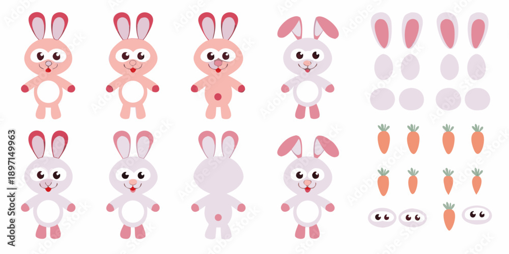 Obraz premium Cute cartoon rabbits and their parts a playful design element