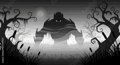 A menacing, shadowy monster looms in a dark, misty swamp with gnarled trees and reeds, creating an eerie and mysterious atmosphere.