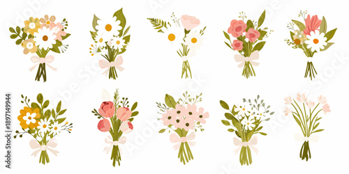 Collection of watercolor floral bouquets with varying arrangements and colors