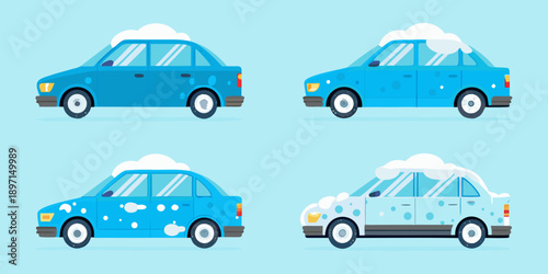 Four blue cars in various stages of a foamy car wash
