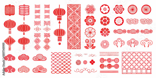 Collection of traditional red chinese new year decorative elements and patterns
