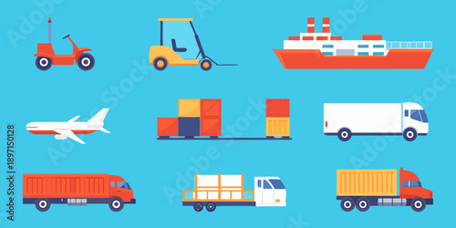 Various modes of transport and cargo containers in a flat vector style