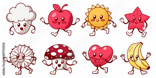Cute cartoon collection featuring smiling fruits flowers and weather icons