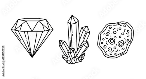 Line art illustration depicting a diamond, a crystal cluster, and a rough mineral specimen.