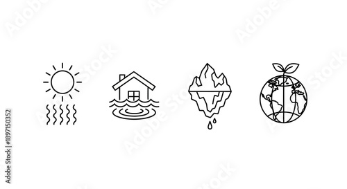 Line art icons depicting environmental issues such as global warming, floods, melting ice, and earth protection.