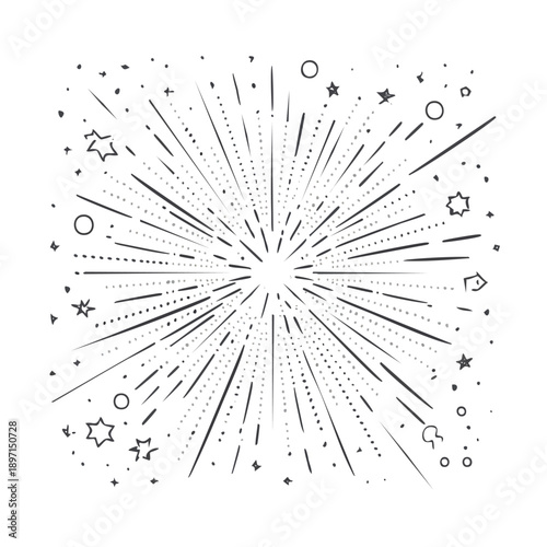 Starburst explosion of lines and shapes radiating from center, illustration, abstract, dynamic, vibrant