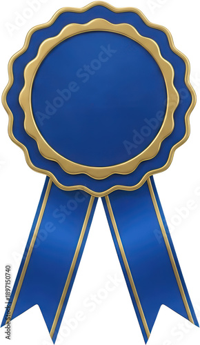 Ornate blue rosette award ribbon with gold trim symbolizing achievement and excellence honor prize victory winner competition celebration recognition success first place medal