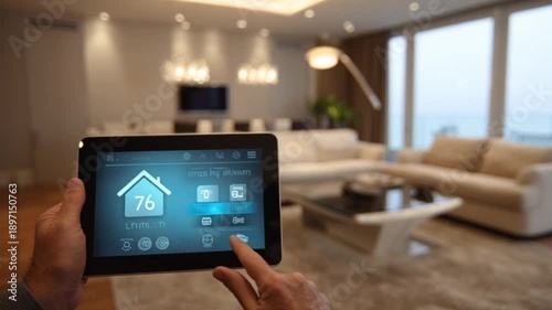 A smart home interface on a tablet controlling thermostat and lighting in a modern living room.