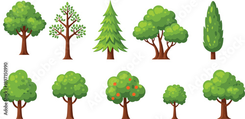 Set of colorful cartoon tree illustrations in various shapes, flat nature icons representing forest vegetation, park landscaping, and eco friendly design isolated on white background