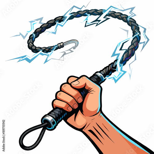 Hand holding a powerful electric lightning whip with glowing blue sparks on white background
