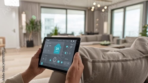 A smart home interface on a tablet controlling thermostat and lighting in a modern living room.