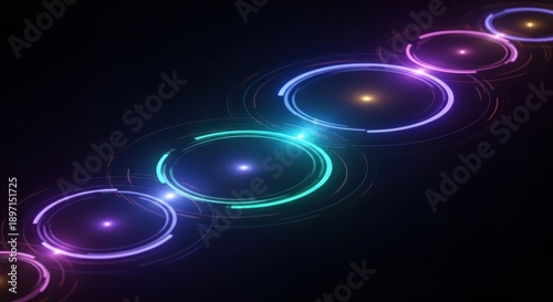 Abstract glowing rings cascade down with neon colored light ripples. Digital art, fractal generative design, technology background, and modern aesthetic.