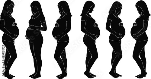 Set of pregnant woman silhouettes showing maternity body changes in different poses, black female figures illustrating pregnancy stages, motherhood concept, and prenatal health isolated on white 