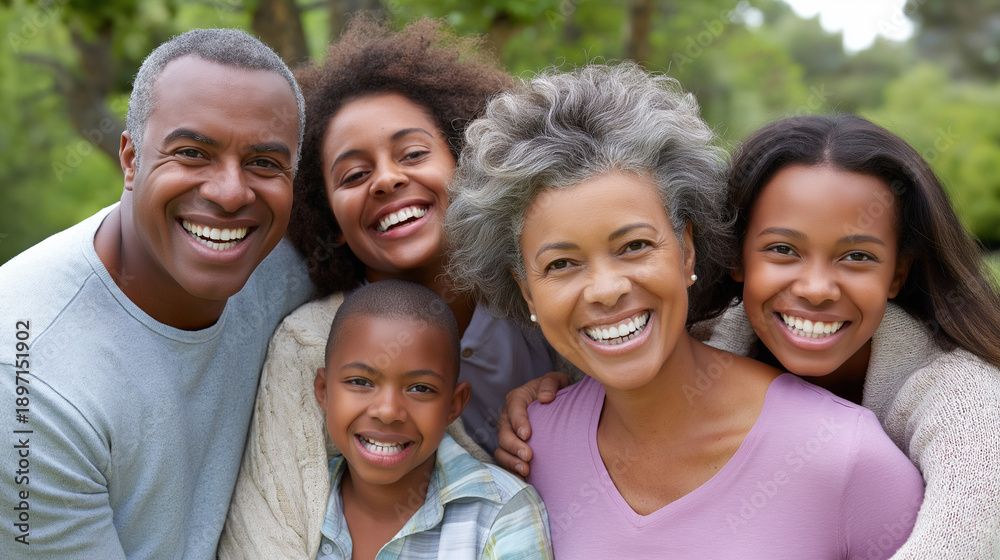 Fototapeta premium Multigenerational family portrait captured in park setting, outdoor generational photo, diverse ages together in nature, family unity documentation, green space gathering, heredita