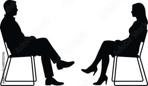 Man and woman sitting facing each other silhouette illustration, interview counseling conversation isolated on white background concept business communication design