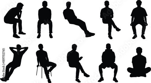 Man sitting silhouette pose collection illustration, multiple seated postures isolated on white background lifestyle body language concept design set art