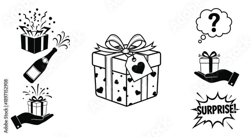 Collection of gift box illustrations with surprise elements festive wrapping and celebratory icons for party and event concepts