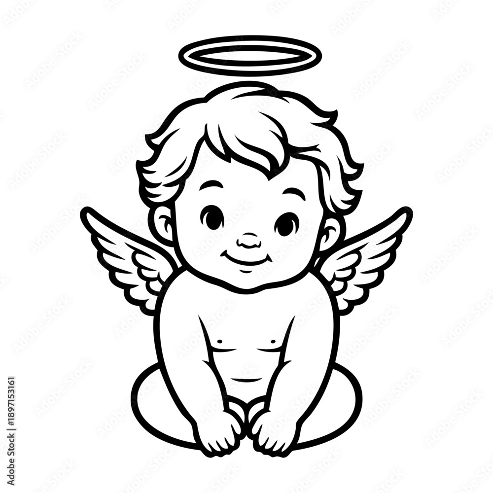 Fototapeta premium Dibujo sencillo con líneas de un querubín sentado sonriente. Angelito feliz con alas