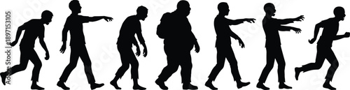 Zombie walking silhouette pose collection illustration, undead horror human movement isolated on white background apocalypse concept design set vector art