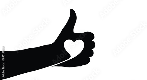Black silhouette hand making heart shape with thumb up on white background symbolizing love and approval