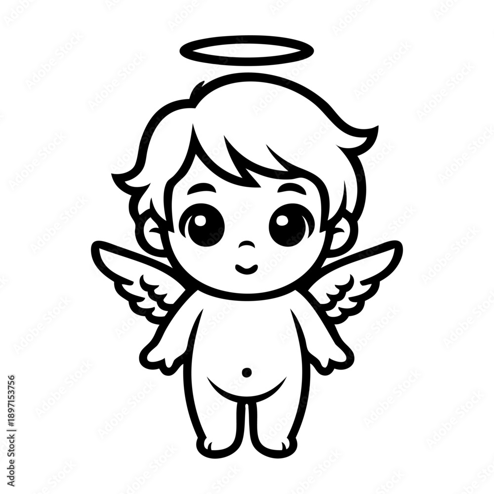 Fototapeta premium Dibujo sencillo con líneas de un querubín de pie sonriente. Angelito feliz con alas