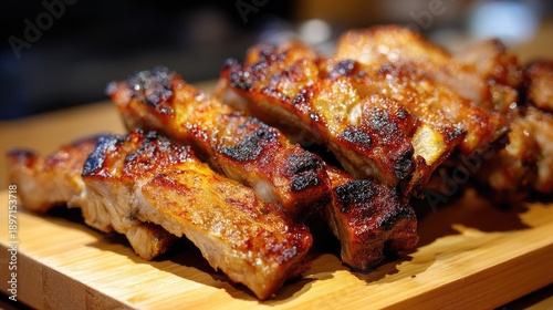 Deliciously Grilled Pork Ribs with Smoky Flavor and Glaze Served on a Wooden Platter in a Culinary Presentation, Ready to Indulge for Meat Lovers