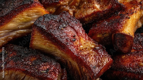 Close-Up View of Delicious Grilled Meat with Charred Texture, Juicy Cuts, and Smoky Flavor Perfect for Food Lovers and Culinary Experts