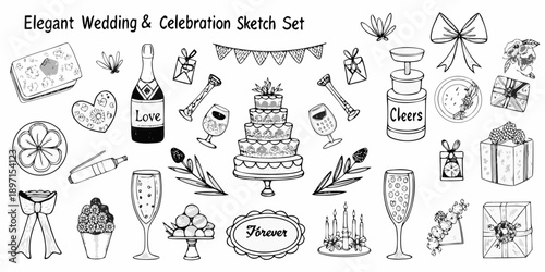 Elegant wedding and celebration themed sketch set with various decorative elements