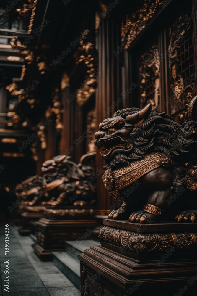 Fototapeta premium Guardian lion statue and interior decoration in the temple