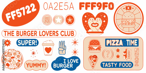 Colorful sticker collection featuring burgers pizza and food themed graphics