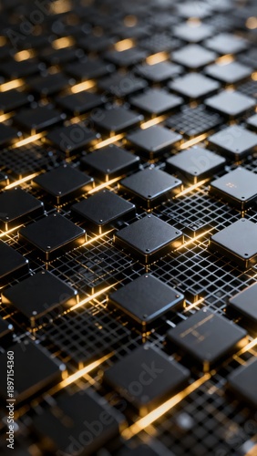 Close-up of a high-tech microchip array with glowing interconnects showcasing advanced semiconductor technology.