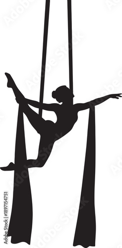 silhouette of woman performing aerial acrobatics on silk fabrics