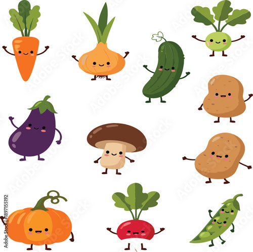 Cute vegetable character vector set with smiling carrots, onions, cucumbers, potatoes, eggplants, mushrooms, pumpkins and radishes in fun cartoon style
