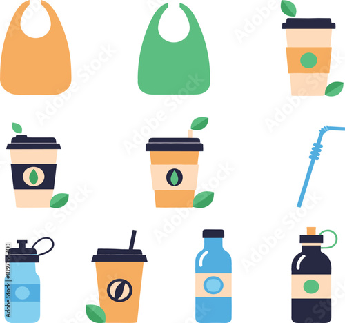 Eco-friendly recyclable items vector set with coffee cup, water bottle, shopping bag and straw icons for sustainable zero waste lifestyle design