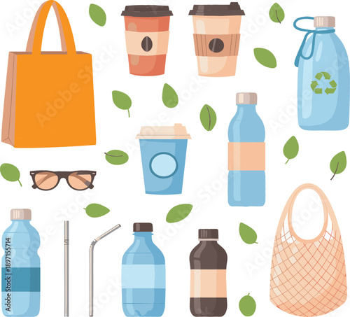 Eco-friendly recyclable lifestyle vector set with shopping bags, coffee cups, water bottles, straws and zero waste accessories in flat design style