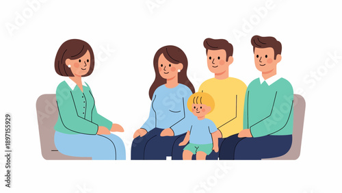 Family sits together on a gray couch in a warm, minimalist illustration, showcasing children and adults enjoying quiet living room moments
