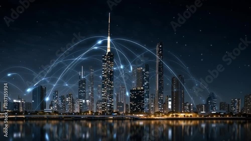 A futuristic city skyline at night showing glowing lines representing high-speed 5G network connectivity.