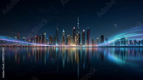 A futuristic city skyline at night showing glowing lines representing high-speed 5G network connectivity.